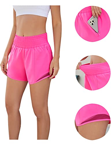 Bmjl Women's Athletic Shorts Sport Gym Running Shorts Quick Dry High Waisted Workout Shorts With Pockets (L,Hot Pink) #TOP4