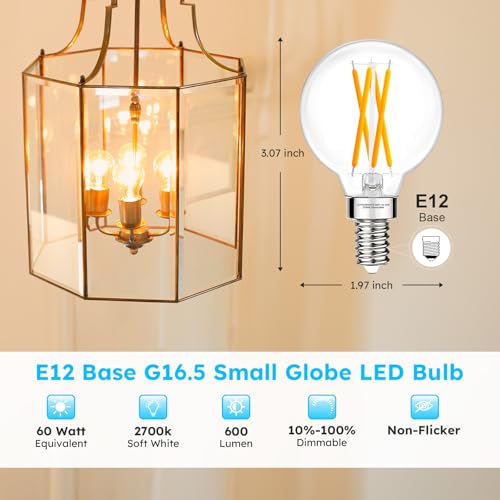 GvvooHome E12 G16.5 Candelabra Bulb, G16.5 Round Small Globe LED Bulb 2700K Warm White, Dimmable 6W 60W Equivalent, 600LM 90+CRI, Globe Light Bulbs Ideal for Ceiling Fans & Chandeliers, 6 Pack by GvvooHome - Used condition - Image 2