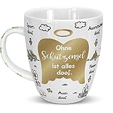 Schönes Dekor mit Engelsflügeln im beliebten Sheepworld-Look, Kaffeebecher mit Spruch „Ohne Schutzengel ist alles doof“