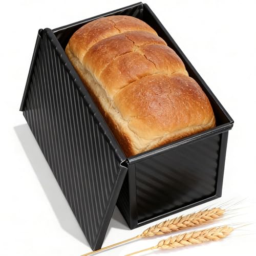 Natudeco Molde Pan para Hornear Tostadas Molde con tapa, Acero carbono capacidad de masa 2,2 libras, rectangular para hornear pasteles, cocina, panadería, utensilios para hornear(Negro)