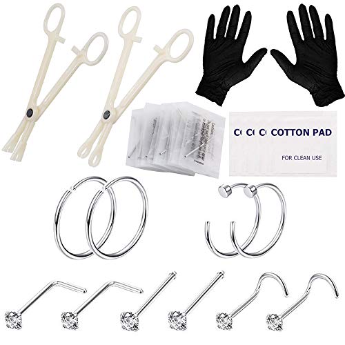 Silmy Kit de piercing de nariz com 22 peças - inclui joias, agulhas, grampos e ferramentas - aço ino