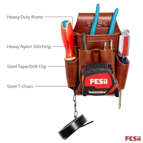 FESA Small Electrician's Tool Pouch - 7-in-1 Heavy Full Grain Leather Small Tool Pouch with Steel Tape Measure or Drill Clip, Tape T-Chain & 5 Pockets - Clip On Any Belt - Handcrafted (Cherry) by FESA - Image 5