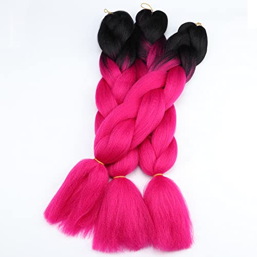 Jumbo Braiding Hair Attachment Ombre Color Hot Pink 3Pakcs Synthetic Hair Extension Box Braids 24Inch Crochet Braids (1B/Hotpink) #TOP2