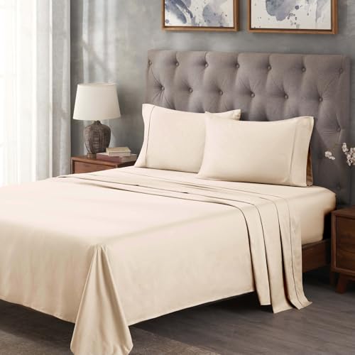 SUPERIOR Egyptian Cotton 300 Thread Count Bed Sheet Set, 1 Elastic Deep Pocket Fitted Sheet, 1 Flat Sheet, 2 Pillowcases, Daily Soft Sheets, Luxury, Plush, Home Essentials, King, Ivory