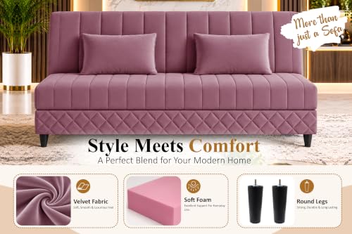Image of Modern 3 Seater Sofa Cum Bed with Cushions, Foldable Convertible Couch, Velvet Fabric Sleeper Sofa for Living Room, Guest Room, Rose Pink