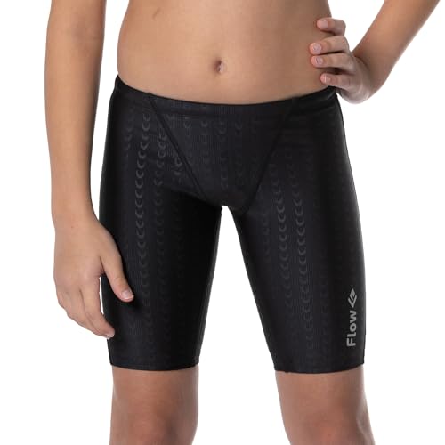 Flow Accelerate Swim Jammers - Size 21 to 32 Swimming Jammer Shorts for Boys in Black, Navy, and Blue (32, Black Crescents)