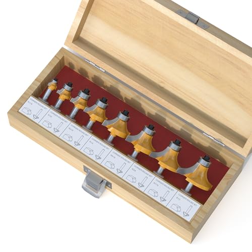 Image of 8 Pcs Roundover Router Bits Set 1 /4 Shank, Round Over Router Bits, Router Bits Round Over for Edging Forming Rounding Woodworking Cutter, Radius: 1 /2 inch, 7 /16 inch, 3 /8 inch, 5 /16 inch, 1 /4 inch, 3 /16 inch, 1 /8 inch,1 /16 inch