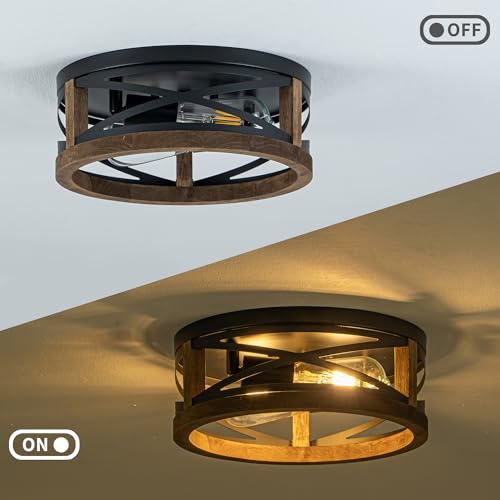 Lzglyptics Farmhouse Ceiling Light, 2-Light Round Flush Mount Ceiling Light with Wood and Metal Frame, Black Rustic Light Fixture for Hallway, Entryway, Bedroom, Kitchen by Lzglyptics - Image 8