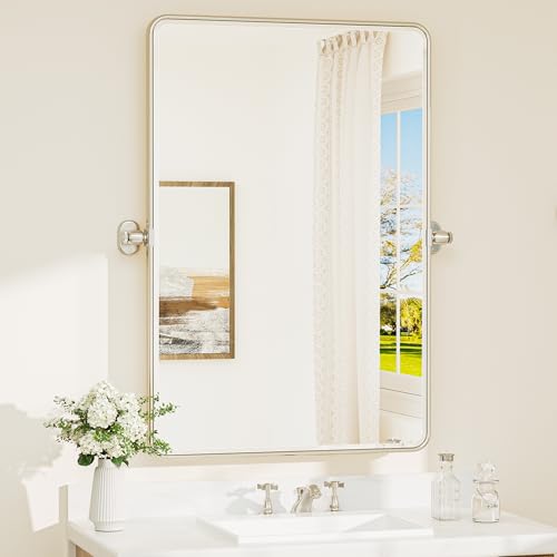 TETOTE Brushed Nickel Pivot Rectangle Bathroom Vanity Mirror 24 x 36 Tilt Beveled Mirror, Pivoting Metal Framed Tempered Glass Mirrors for Modern Farmhouse Decor, Horizontal/Vertical