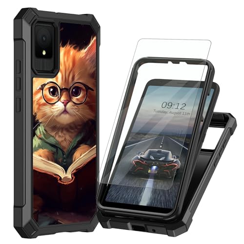 BEOTIWAD for TCL K11 T432W Case with Tempered Glass Screen Protector Dual Layer Heavy-Duty Shockproof Hard PC+Soft Silicone TPU Protection Cover for TCL K11 T432W,Kitten with Glasses