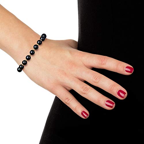 10K Yellow Gold Black Onyx Beaded Bracelet For Women, 7.5" #TOP3