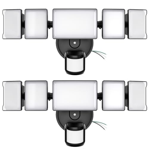 Olafus 2 Pack 18000LM Motion Sensor Outdoor Lights, 5-Head Adjustable Security Flood Light, IP65 Waterproof Dusk to Dawn LED Flood Light for Large Garage, Driveway, Backyard, Black by Olafus - Used condition - US$150.47