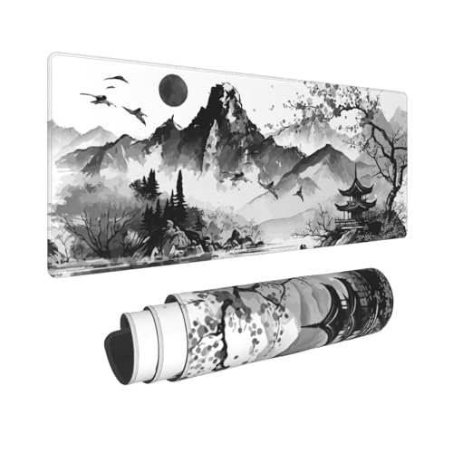 Image of Black White Japanese Watercolor Cherry Blossom Gaming Mouse Pad 31.5x11.8 XL Extended Mousepad Large Keyboard Mouse Mat Desk Pad with Non-Slip Rubber Base Stitched Edges for Home Office Game
