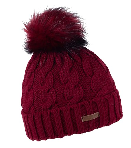SABBOT Classico berretto da donna con pompon in pelliccia, fodera in pile, berretto invernale, motivo a maglia, caldo con colletto, Bordeaux, Einheitsgröße-L