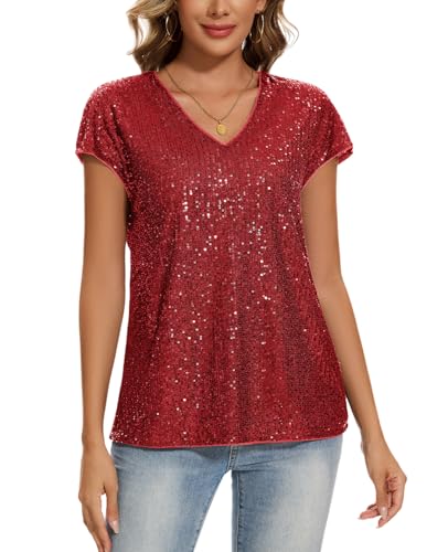 MINTLIMIT Women's Sparkle Sequin Tops Shimmer Glitter V Neck Party Top Short Cap Sleeve (Red L)