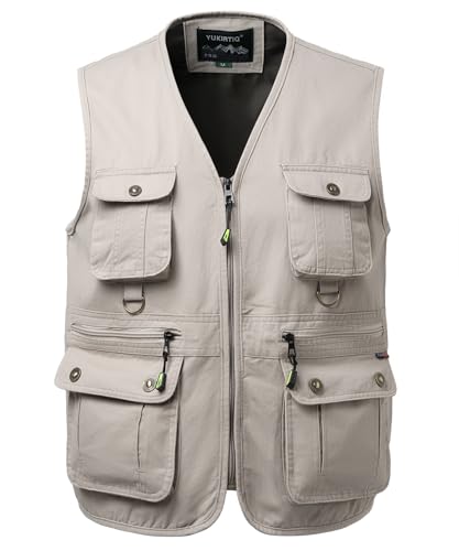 Image of Yukirtiq Fishing Vest for Men Multi Pocket Sleeveless Gilet Summer Photography Safari Vest, Beige, XL