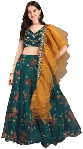 Fashion Basket Women's Organza Semi-Stitched Lehenga Choli