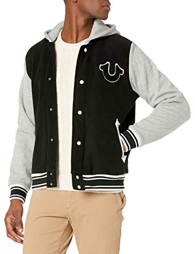 True Religion Men's Hodded Varsity Long Sleeve Jacket, Black, X-Large