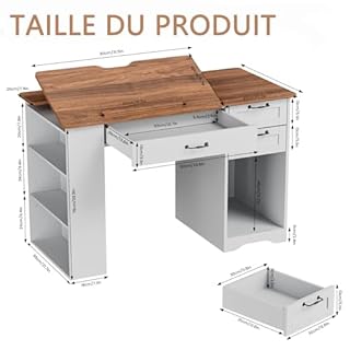 AeasyG Table de Dessin Ajustable Certifiée E1 – 60×120×76cm, 3 Tiroirs + 3 Étagères, Anti-pincement, Blanc pour Artisanat/Familial/Couture