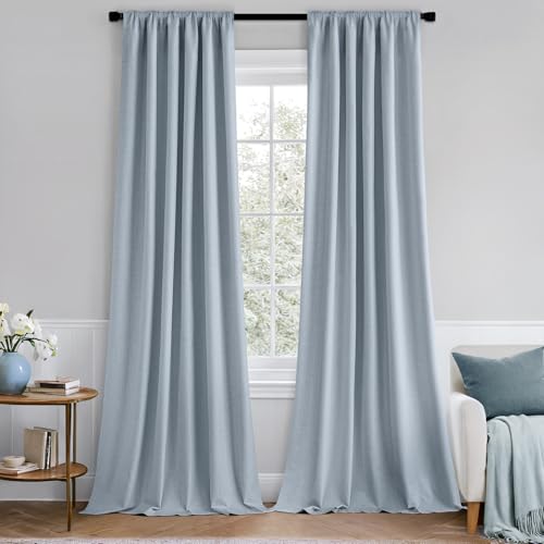 MIULEE 100% Blackout Back Tab Pleat Linen Curtains 50" Wx63 L,Chambray Blue