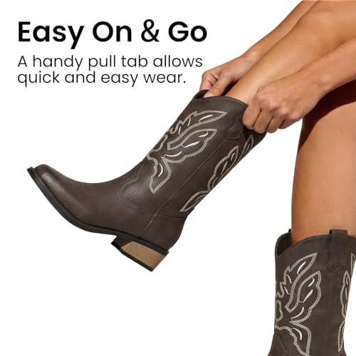 Athlefit Cowboy Cowgirl Boots for Women Mid Calf Square Toe Comfortable Slip On Chunky Low Heel Embroidery Mid Calf Boots Dark Brown Size 9,SAMB2605W — view 4