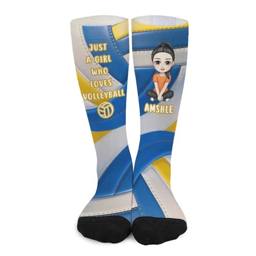 BFHEFGSUU Personalised Just A Girl Who Loves Volleyball Socks Custom Name Portrait Funny Long Casual Socks Gift For Daughter Sister Family Volleyball Lover Birthday Xmas (style 29)