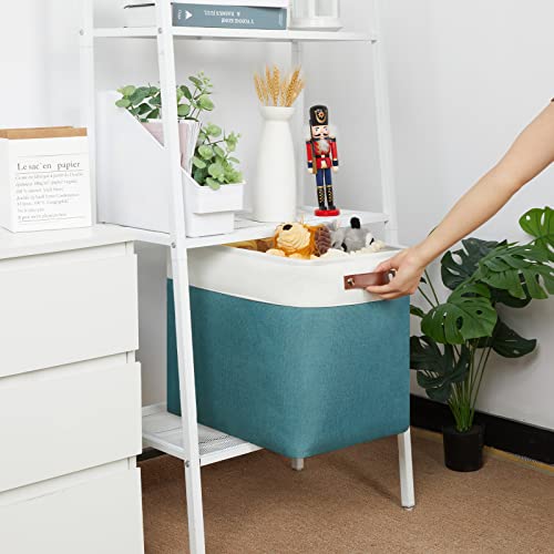 HNZIGE Large Canvas Organizer Baskets for Organizing, Rectangular Shelf Baskets with Handles, Collapsible Linen Storage Basket for Storage Shelves Closet, Home(White Teal), 17" x 12" x 15" by HNZIGE - Image 6