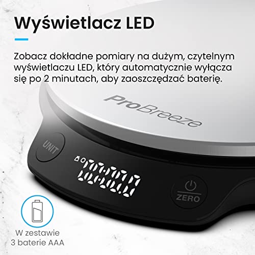 Pro Breeze Waga Kuchenna Cyfrowa Precyzyjna ze Stali Nierdzewnej, do Gotowania Pieczenia, Dokładna do 1g/0.1oz, do 5kg, Elektroniczna z Funkcją Tarowania