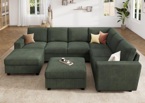 Image of HONBAY Corduroy Sectional Couch with Storage, 8 Seater U Shaped Sectional Sofa Sectional Couches for Living Room, Green