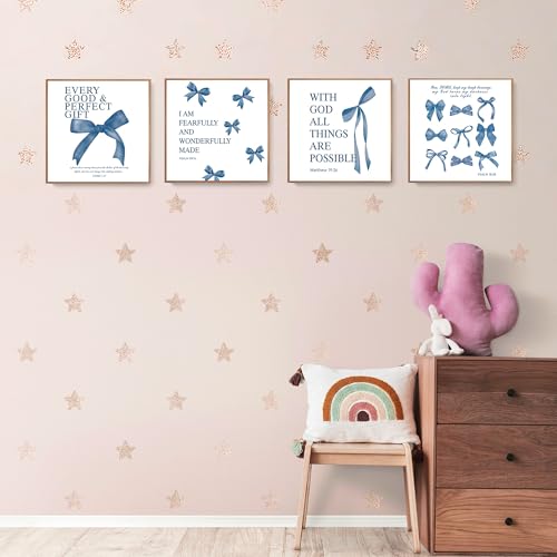 Image of LARTSFRO Coquette Navy Blue Bow Wall Art Decor Posters, Navy Blue Bow Room Bedroom Bathroom Dorm Wall Art Decor Aesthetic for Teen Girls Gifts, Inspirational Bible Verses Bow Wall Decor, 10x10 Inch Set of 4 Pcs Bow Pictures (UNFRAMED)