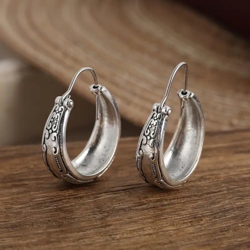 Vintage Boho Chunky Hoop Earrings for Women Bohemian Engraved Flower Dangle Earring Fashion Textured Design Indian Jewelry Accessories by Hebelee - Image 4
