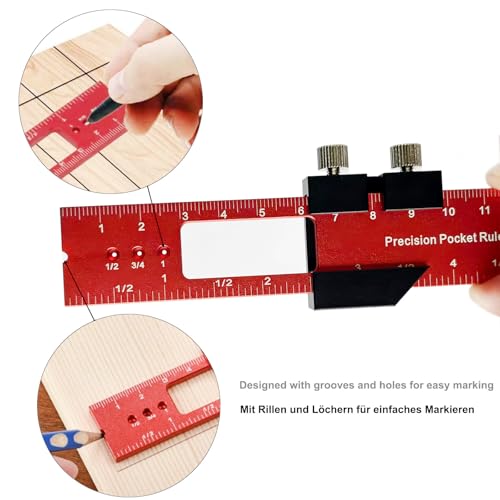FORTSPANG 3 Stück Metall-Streichmaß für Holzbearbeitung, Verstellbar, 16/21/30 cm (6/8/12 Zoll), Präzisions-Schieberegler zum Markieren von 45° & 90° Winkeln, Zoll & Metrisch für Heimwerker (Rot)