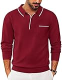 COOFANDY Knit Polo for Men Long Sleeve Collared Sweater Polo Business Casual Polos with Pocket Wine Red