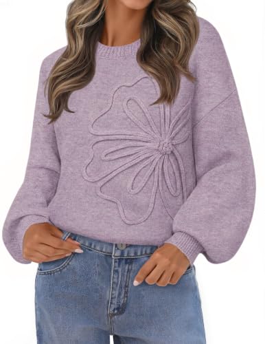 MEROKEETY Womens Fall Floral Cute Sweaters Winter Trendy Top, Lavender, L