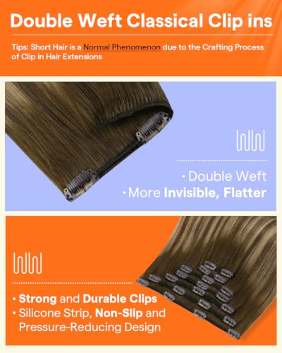 Image of Full Shine Clip in Hair Extensions Real Human Hair Brown Balayage | Hair Clip in Extensions, Double Weft, Medium Brown Human Hair Extensions for Women, 14 Inch 7 Pcs 120g