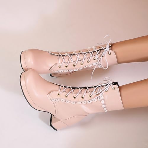 Alyaafifa Platform Ankle Combat Boots for Women Chunky Block Mid Heel Closed Round Toe Lace Up Booties Leather Short Boots Dressy Comfortable Party Holiday Travel Christmas3