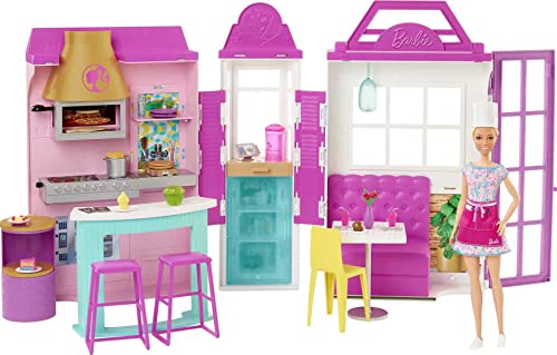 Barbie Cook ân Grill Restaurant Playset with Barbie Doll, 30+ Pieces & 6 Play Areas Including Kitchen, Pizza Oven, Grill & Dining Booth, Gift for 3 to 7 Year Olds