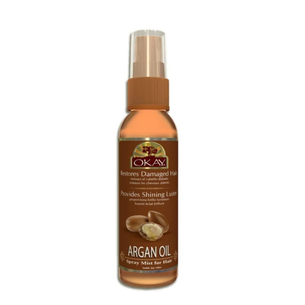 Okay Moisturizing Mist Hair Spray with Argan Oil – Hydrating Hair Oil Mist with Vitamin E, Restores Damaged Strands, Provides Shining Luster, Nourishes Dry Hair, Cruelty Free – 2 Oz