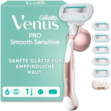Gillette Venus Pro Smooth Sensitive Rasierer Damen, Metall, Rosegold | Damenrasierer für Empfindliche Haut, Inkl 6 Rasierklingen für Nassrasierer, Metallhandstück, Duschhalterung,