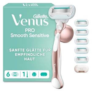 Gillette Venus Pro Smooth Sensitive Rasierer Damen, Metall, Rosegold - Damenrasierer für Empfindliche Haut, Inkl. 6 Rasierklingen für Nassrasierer, Metallhandstück, Duschhalterung Und Reiseschutzkappe