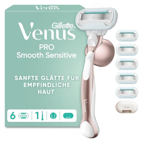 Gillette Venus Pro Smooth Sensitive Rasierer Damen, Metall, Rosegold - Damenrasierer für Empfindliche Haut, Inkl. 6 Rasierklingen für Nassrasierer, Metallhandstück, Duschhalterung Und Reiseschutzkappe