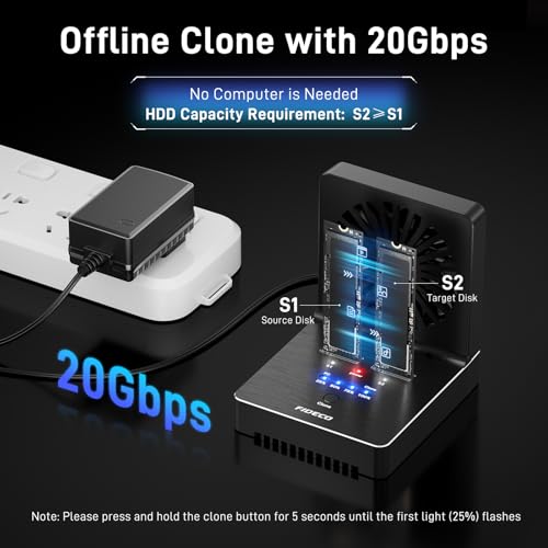 FIDECO M.2 NVMe SATA SSD Cloner Dock, USB 3.2 Gen 2, 20Gbps NVMe Cloner Duplicator with Foldable Cooling Fan, Support Offline Clone, UASP and TRIM, Aluminum Design - Image 3