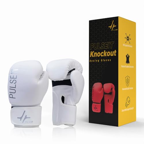 Image of Pulseit Knockout Boxing Gloves for Men & Women | Premium PU Leather | Training, Sparring, Kickboxing, Muay Thai & MMA | Multi-Layer Foam Padding, Wrist Support, Breathable (White)