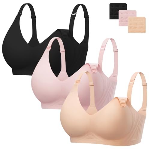 Angelhood 3 Pack Nursing Bras for Breastfeeding Seamless Pregnancy Maternity Bra Wireless Sleep Bralette Jelly Strip Support Postpartum Bra with Extenders, XL Size