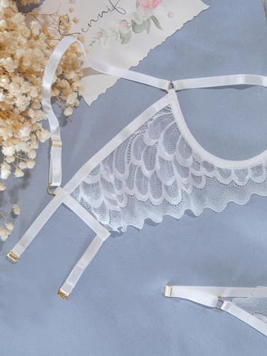 Image of Lilosy Women's Sexy Underwire Floral Lace Sheer Lingerie Set See Through Bra and Panty 4 Pieces Pasties White Small