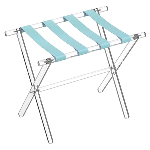 Sumerflos Acrylic Luggage Rack for Guest Room - Foldable Suitcase Stand with Leather Straps for Bedroom Living Room Hotel Heavy-Duty, Holds up to 50-100 lb lightweight Space Saving (Blue & Handle - 1 Pcs)