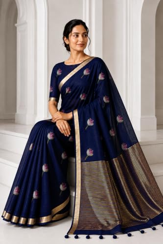 Image of Women's Kosa Linen Floral Motif Design with Unstitched Blouse Piece