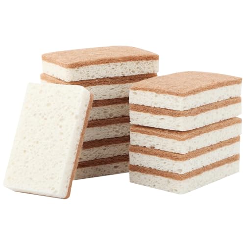 Image of 12pcs Natural Sponges for Dishes, Biodegradable Compostable Cellulose and Coconut Scrubber Sponge, Non-Scratch Reusable Cleaning Sponge for Removing Dirt and Oil in The Kitchen(Brown+White)