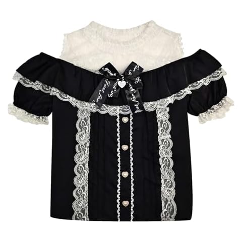 Cuteighteen Sweet Cold Shoulder Shirt Women Lolita Lace Mesh Sheer Short Sleeve Blouse Vintage Ruffle Button Cute Tops (Black) Cover