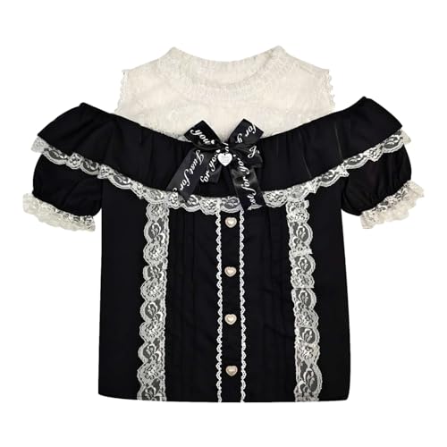 Cuteighteen Sweet Cold Shoulder Shirt Women Lolita Lace Mesh Sheer Short Sleeve Blouse Vintage Ruffle Button Cute Tops (Black)